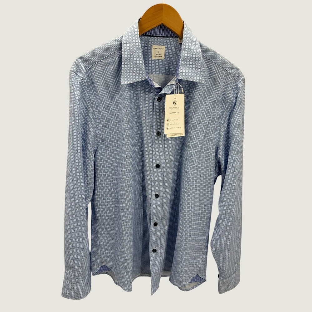 CON.STRUCT Men's Slim Fit Performance Dress Shirt Blue Geometric Size L Silvadur
